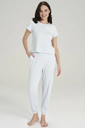 Kadın Fitilli Yakası Baskılı Paçası Lastikli Pijama Takımı - 4