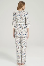 Kadın Klasik Çicek Desenli İp Askılı V Yakalı Belden Bağlamalı 3'lü Pijama Takımı - 7