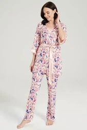 Kadın Klasik Çicek Desenli İp Askılı V Yakalı Belden Bağlamalı 3'lü Pijama Takımı - 8