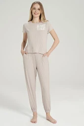 Kadın Fitilli Yakası Baskılı Paçası Lastikli Pijama Takımı - 6