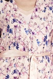 Kadın Klasik Çicek Desenli İp Askılı V Yakalı Belden Bağlamalı 3'lü Pijama Takımı - 9