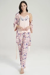 Kadın Klasik Çicek Desenli İp Askılı V Yakalı Belden Bağlamalı 3'lü Pijama Takımı - 10