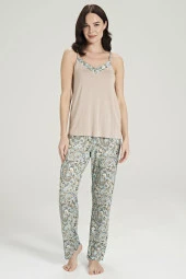 Kadın Klasik Şal Desenli İp Askılı V Yaka Belden Bağlamalı 3'lü Pijama Takımı thumbnail 4