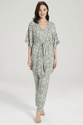 Kadın Klasik Şal Desenli İp Askılı V Yaka Belden Bağlamalı 3'lü Pijama Takımı thumbnail 7