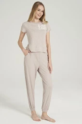 Kadın Fitilli Yakası Baskılı Paçası Lastikli Pijama Takımı - 8