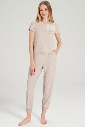 Kadın Fitilli Yakası Baskılı Paçası Lastikli Pijama Takımı - 9