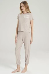 Kadın Fitilli Yakası Baskılı Paçası Lastikli Pijama Takımı - 10