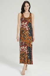 Kadın Karışık Desenli Eteği Yırtmaçlı Kalın Askılı Gecelik Elbise - 1