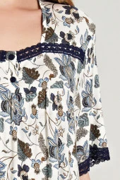 Kadın Çicek Desenli Önden Düğmeli Yarım Kol Gecelik Elbise - 2