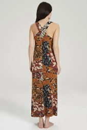 Kadın Karışık Desenli Eteği Yırtmaçlı Kalın Askılı Gecelik Elbise - 5