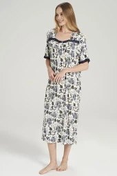 Kadın Çicek Desenli Önden Düğmeli Yarım Kol Gecelik Elbise - 4