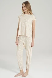 Kadın Yaprak Desenli Paçası Lastikli Belden Yırtmaçlı Pijama Takımı - 3