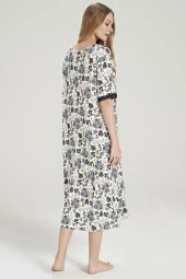 Kadın Çicek Desenli Önden Düğmeli Yarım Kol Gecelik Elbise - 5