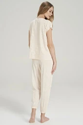 Kadın Yaprak Desenli Paçası Lastikli Belden Yırtmaçlı Pijama Takımı - 6