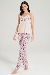 Kadın Klasik Çicek Desenli İp Askılı V Yakalı Belden Bağlamalı 3'lü Pijama Takımı - 11