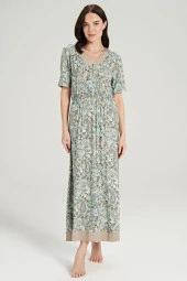 Kadın Klasik Şal Desenli V Yaka Yakası Düğmeli Gecelik Elbise - 1