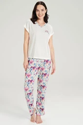 Kadın Çicek Desenli V Yaka Pijama Takımı - 1