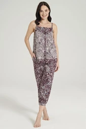 Kadın Etnik Desen İp Askılı Yakası Düğmeli Paçası Lastikli Pijama Takımı thumbnail 1