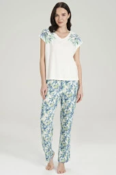 Kadın Mor Pamuklu Yaprak Desenli Pijama Takımı - 1