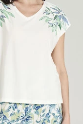 Kadın Mor Pamuklu Yaprak Desenli Pijama Takımı - 2