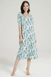 Kadın Yaprak Desenli Önden Düğmeli Yarım Kol Gecelik Elbise - 3