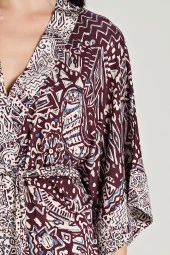 Kadın Etnik Desen İp Askılı Önden Düğmeli 3'lü Pijama Takımı - 3