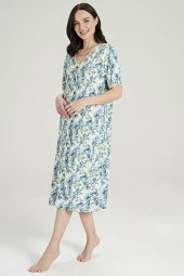 Kadın Yaprak Desenli Önden Düğmeli Yarım Kol Gecelik Elbise - 4