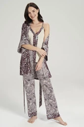 Kadın Etnik Desen İp Askılı Önden Düğmeli 3'lü Pijama Takımı - 4