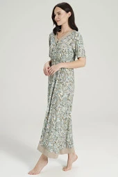 Kadın Klasik Şal Desenli V Yaka Yakası Düğmeli Gecelik Elbise - 3