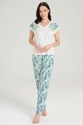 Kadın Mor Pamuklu Yaprak Desenli Pijama Takımı - 3