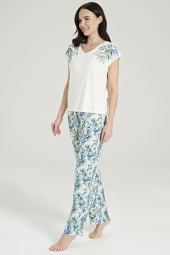 Kadın Mor Pamuklu Yaprak Desenli Pijama Takımı - 4