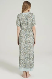 Kadın Klasik Şal Desenli V Yaka Yakası Düğmeli Gecelik Elbise - 10