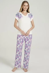 Kadın Mor Pamuklu Yaprak Desenli Pijama Takımı - 6