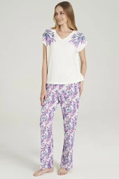Kadın Mor Pamuklu Yaprak Desenli Pijama Takımı - 8
