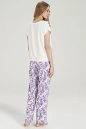 Kadın Mor Pamuklu Yaprak Desenli Pijama Takımı - 10