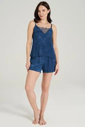 Kadın Jakar Kumarş Şal Desenli İp Askılı Yakada Dantel Detaylı Şortlu Pijama Takımı - 1