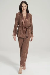 Kadın Jakar Kumaş Şal Desenli İp Askılı Dantel Detaylı 3'lü Pijama Takımı - 1