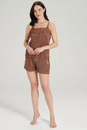 Kadın Jakar Kumarş Şal Desenli İp Askılı Yakada Dantel Detaylı Şortlu Pijama Takımı - 5