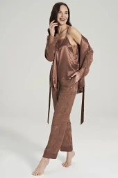 Kadın Jakar Kumaş Şal Desenli İp Askılı Dantel Detaylı 3'lü Pijama Takımı - 4