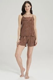 Kadın Jakar Kumarş Şal Desenli İp Askılı Yakada Dantel Detaylı Şortlu Pijama Takımı - 7