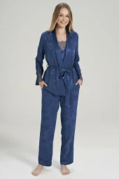 Kadın Jakar Kumaş Şal Desenli İp Askılı Dantel Detaylı 3'lü Pijama Takımı - 6