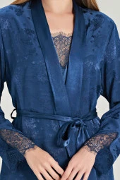 Kadın Jakar Kumaş Şal Desenli İp Askılı Dantel Detaylı 3'lü Pijama Takımı - 7