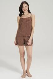 Kadın Jakar Kumarş Şal Desenli İp Askılı Yakada Dantel Detaylı Şortlu Pijama Takımı - 9