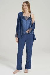 Kadın Jakar Kumaş Şal Desenli İp Askılı Dantel Detaylı 3'lü Pijama Takımı - 8