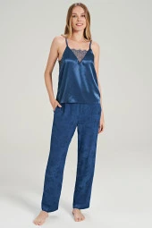 Kadın Jakar Kumaş Şal Desenli İp Askılı Dantel Detaylı 3'lü Pijama Takımı - 9