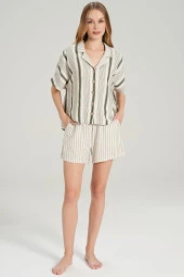 Kadın Keten Çizgili Önden Düğmeli Gömlek Yaka Şortlu Pijama Takımı - 1