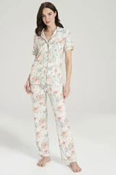 Kadın Çicek Desenli Önden Düğmeli Gömlek Yakalı Pijama Takımı - 1