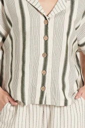 Kadın Keten Çizgili Önden Düğmeli Gömlek Yaka Şortlu Pijama Takımı - 2