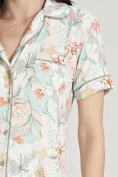 Kadın Çicek Desenli Önden Düğmeli Gömlek Yakalı Pijama Takımı - 2