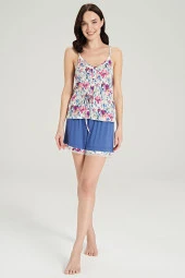 Kadın Çicek Desenli İp Askılı Belden Bağlamalı Şortlu Pijama Takımı - 1